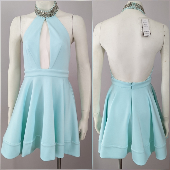 Bebe Embellished Neck Halter Dress Light Blue XXS - Picture 3 of 5